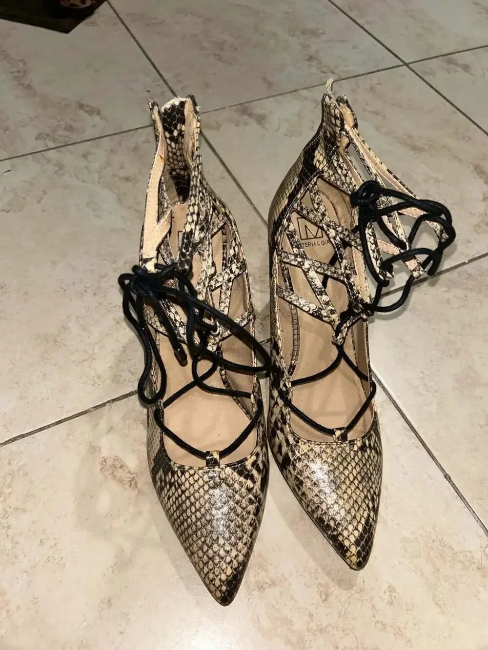 Material Girl Pointed Toe Lace-Up Stiletto Heels in Snakeskin Print